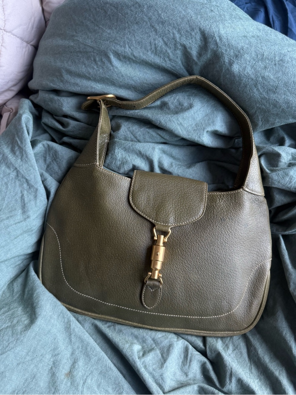 Gucci Jackie Olive Green Leather Shoulder Bag with Gold Hardware